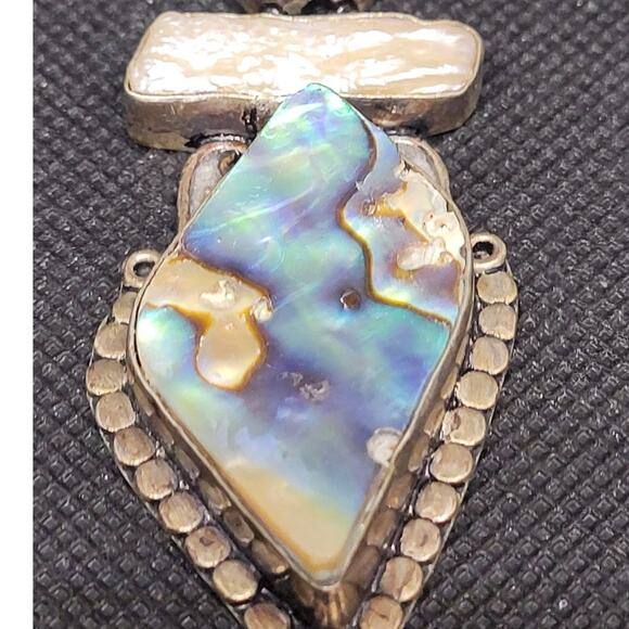 Boho Luxe Vintage 925 Silver Abalone Mother-of-Pearl Pendant Necklace Statement - Picture 9 of 10